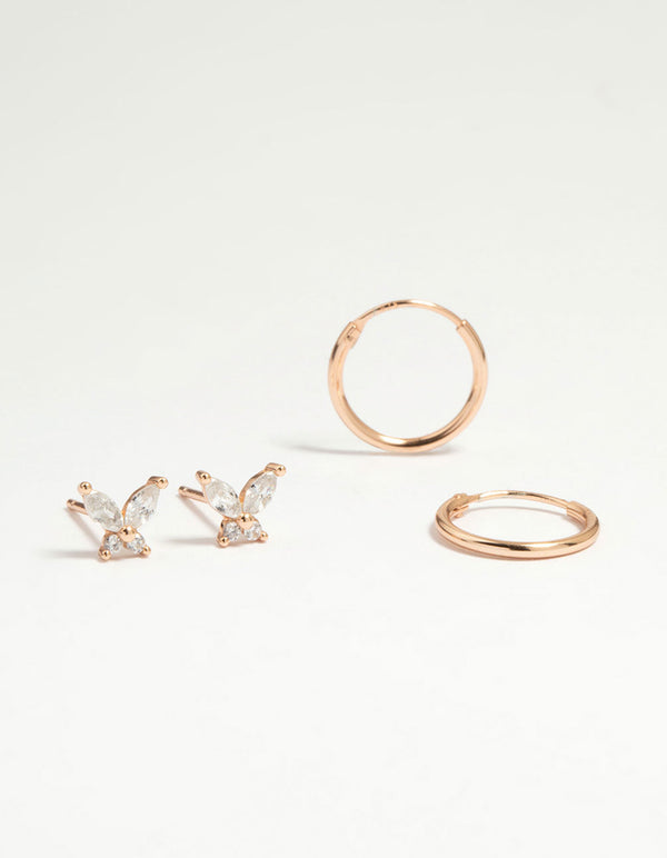 Rose Gold Plated Sterling Silver Butterfly Studs & Hoop Earrings 2-Pack