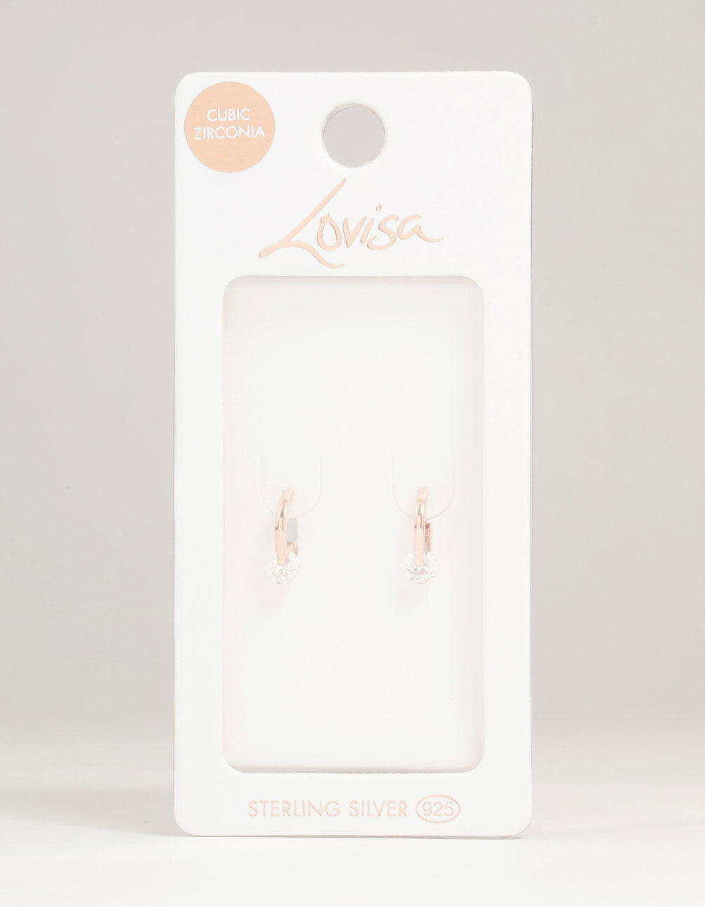 Showcasing rose gold plated sterling silver cubic zirconia huggie earrings with round stone cut front view