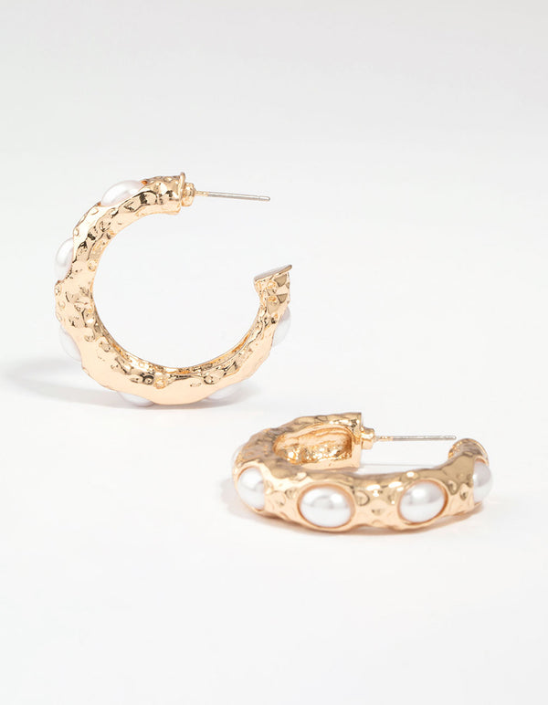 Gold Pearl Molten Hoop Earrings