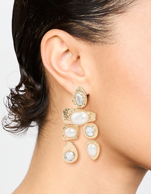 Gold Diamante Pearl Molten Drop Earrings