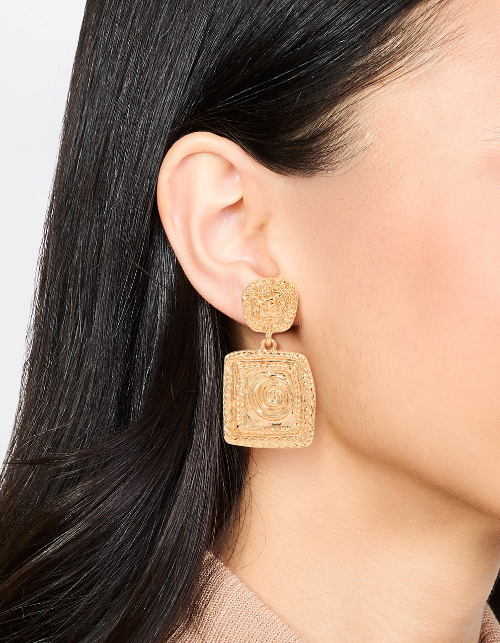 Gold Molten Square Drop Earrings