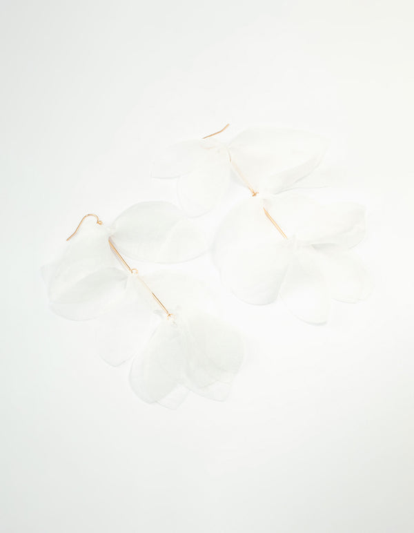 White Chiffon Fabric Petals Drop Earrings