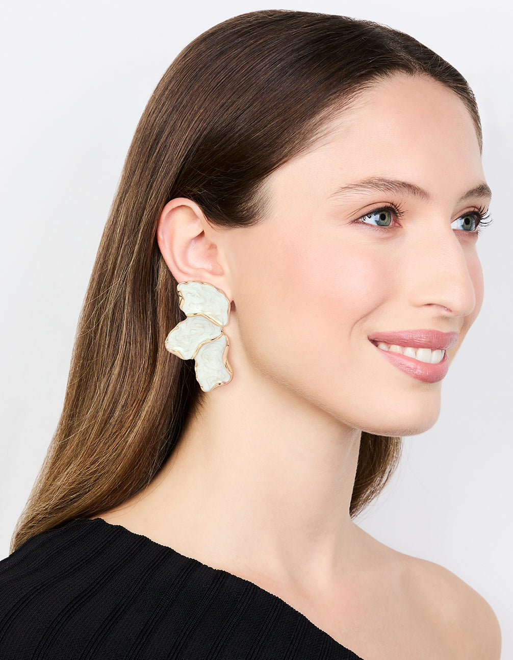 White Coated Metal Marble Floral Drop Earrings