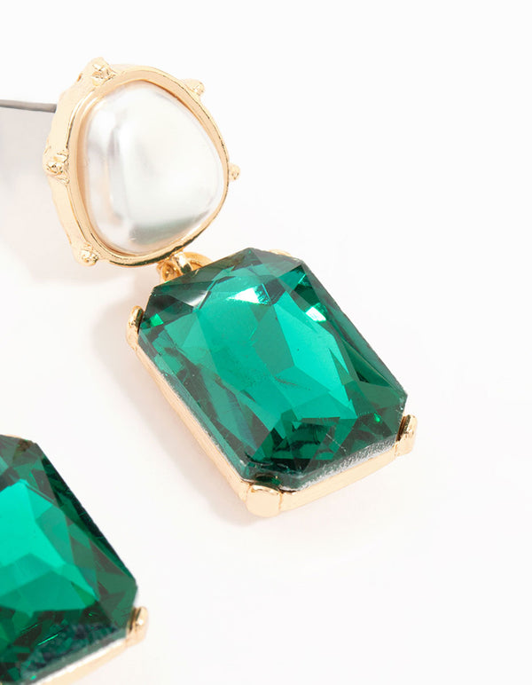 Gold Pearl & Green Stone Drop Earrings