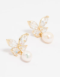 Gold Plated Cubic Zirconia Butterfly Pearl Drop Earrings - link has visual effect only