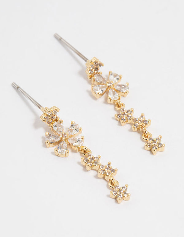 Gold Plated Cubic Zirconia Flower Drop Earrings