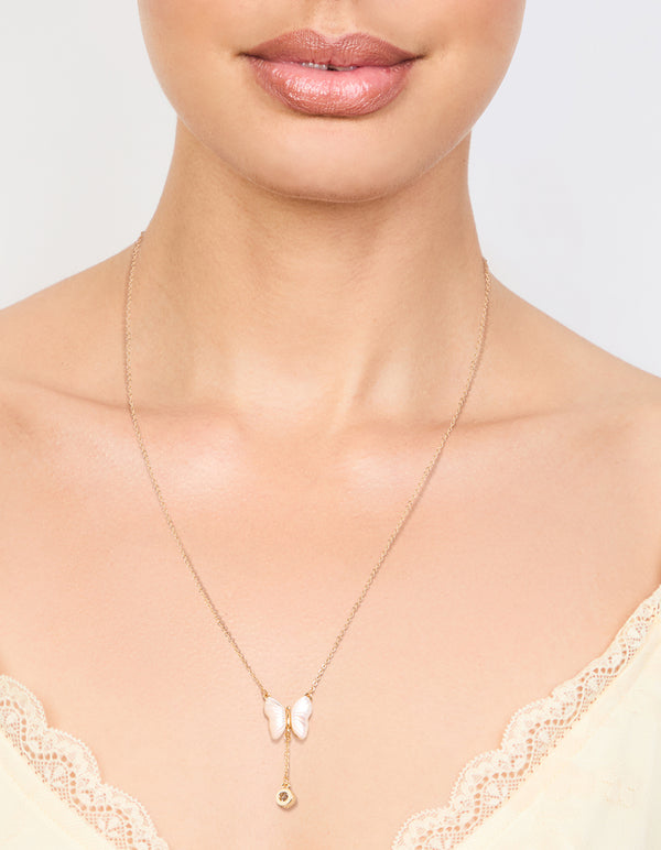 Gold Plated Mother Of Pearl & Cubic Zirconia Butterfly Y-Necklace
