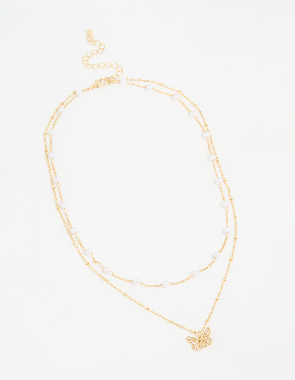 Gold Plated Pearl Butterfly Layered Necklace