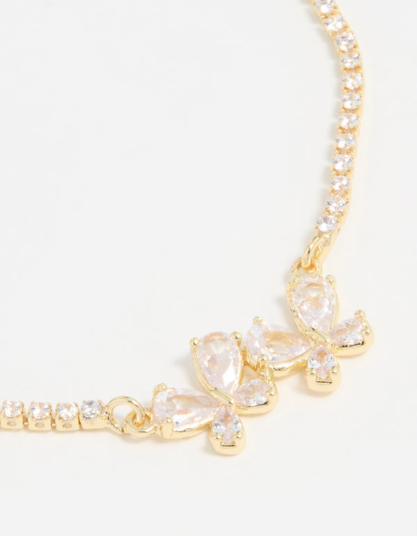 Gold Plated Cubic Zirconia Double Butterfly Toggle Bracelet
