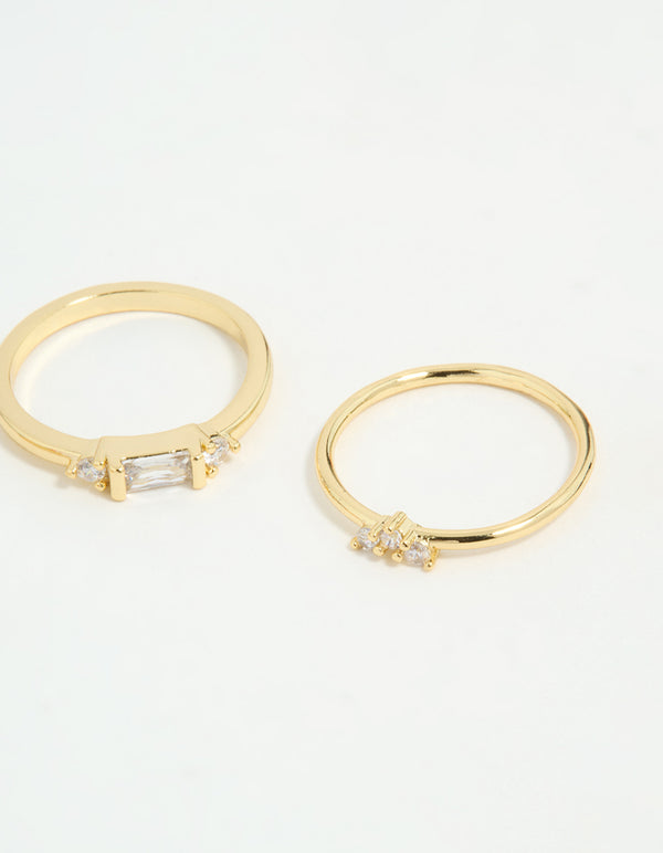 Gold Plated Baguette & Mini Round Rings 3-Pack