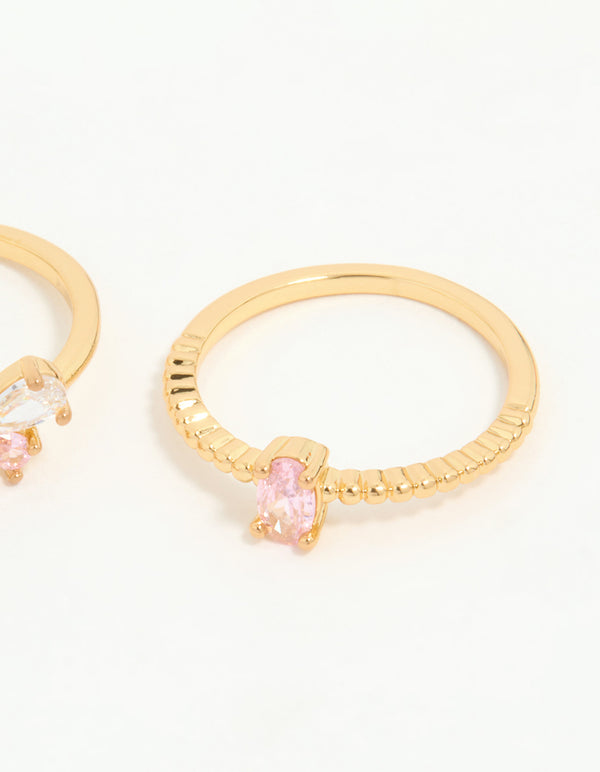 Gold Plated Pink Cubic Zirconia Bow Rings 3-Pack