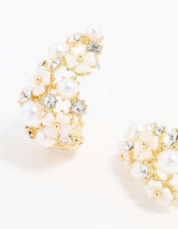 Gold Plated Diamante & Pearl Flower Hoop Earrings