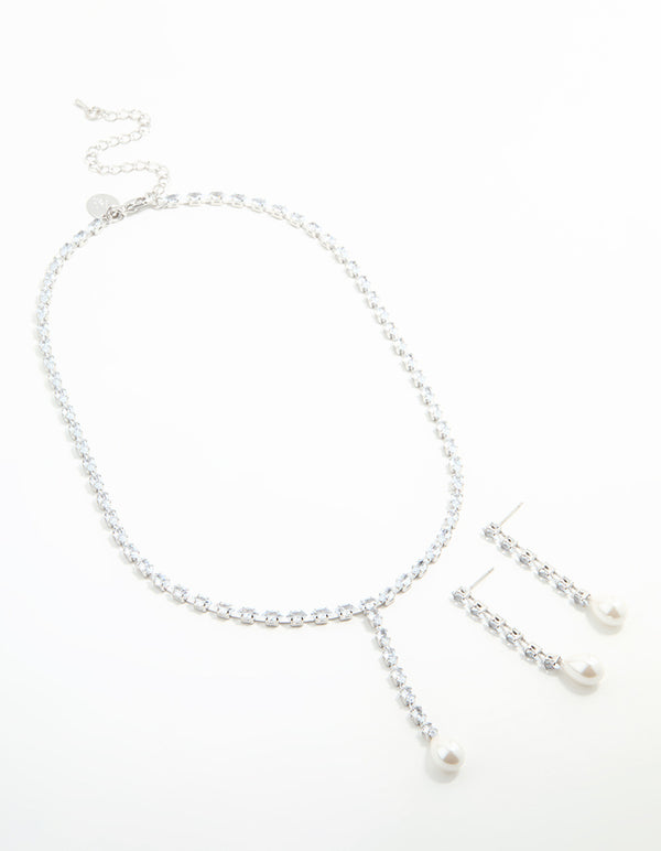 Silver Plated Pearl Oval Necklace & Earring Set
