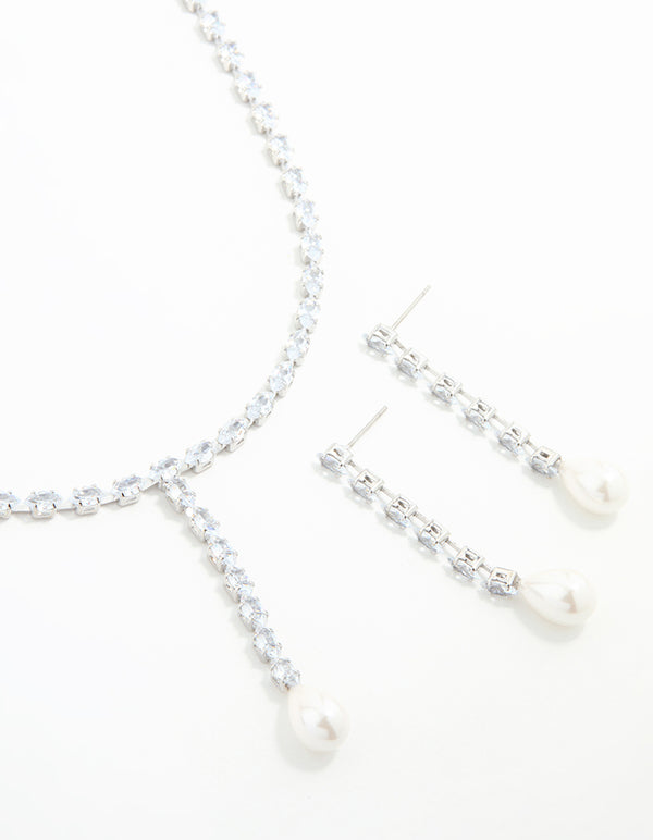 Silver Plated Pearl Oval Necklace & Earring Set