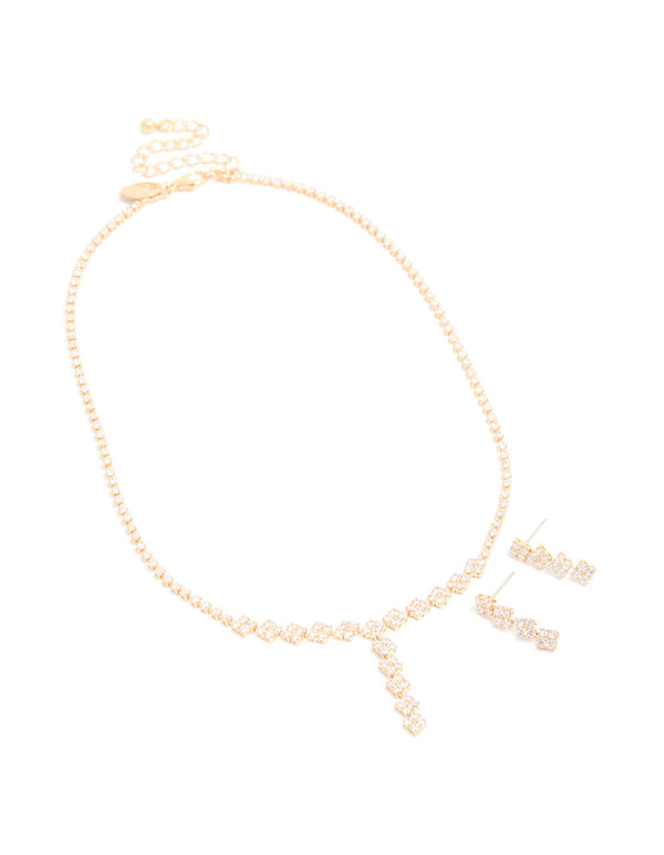 Gold Plated Cubic Zirconia Necklace & Drop Earrings Set
