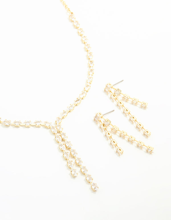 Gold Plated Double Drop Necklace & Earrings Set