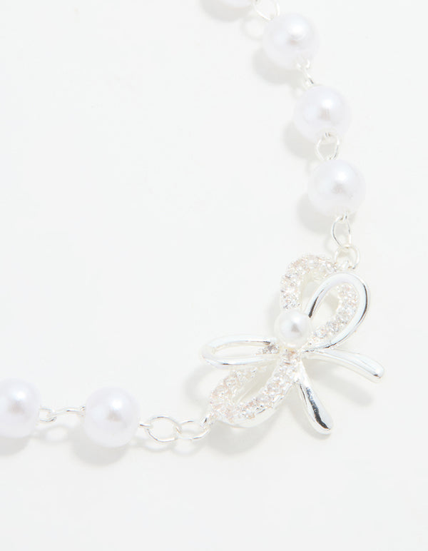Silver Plated Pearl Double Bow Bracelet