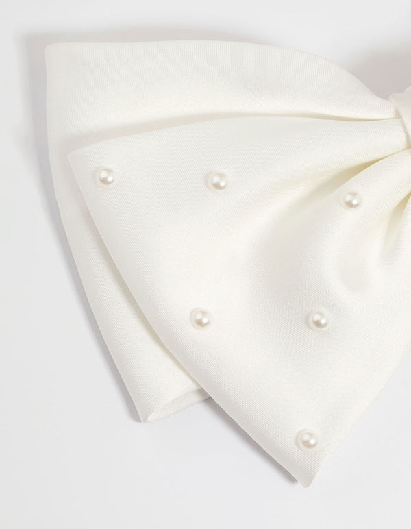 White Fabric & Pearl Bow Clip