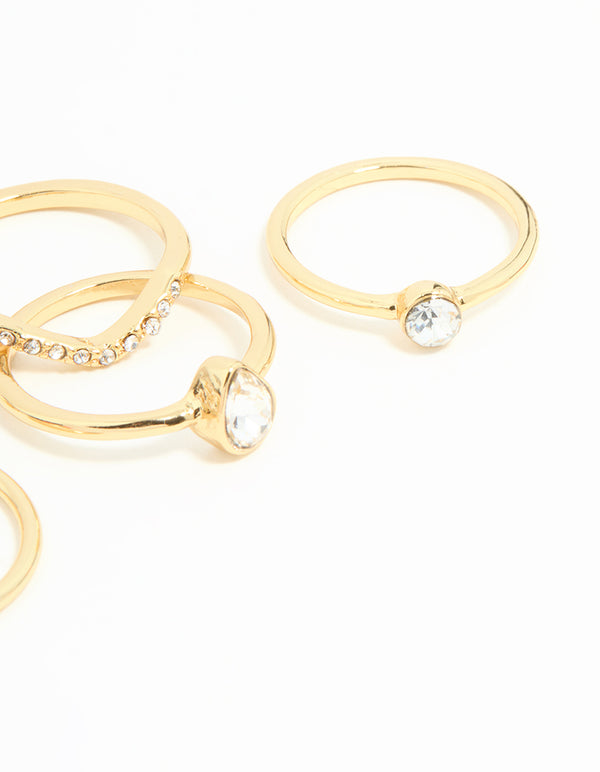 Gold Plated Square & Pear Diamante Rings 5-Pack
