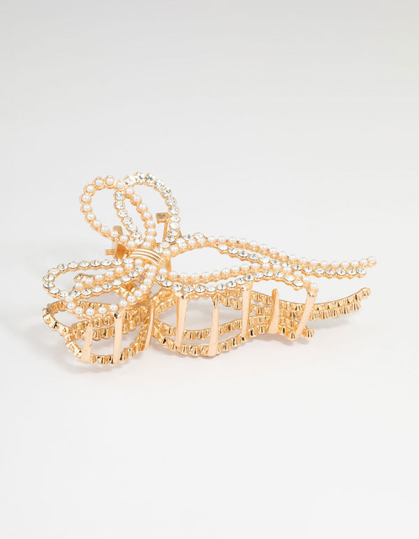 Gold Pearl & Diamante Bow Claw Clip