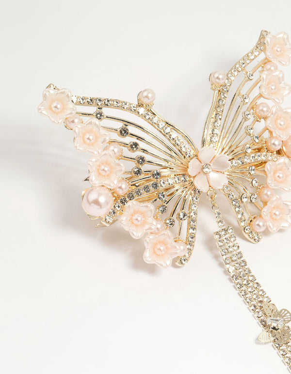Gold Diamante Floral Butterfly Hair Clip