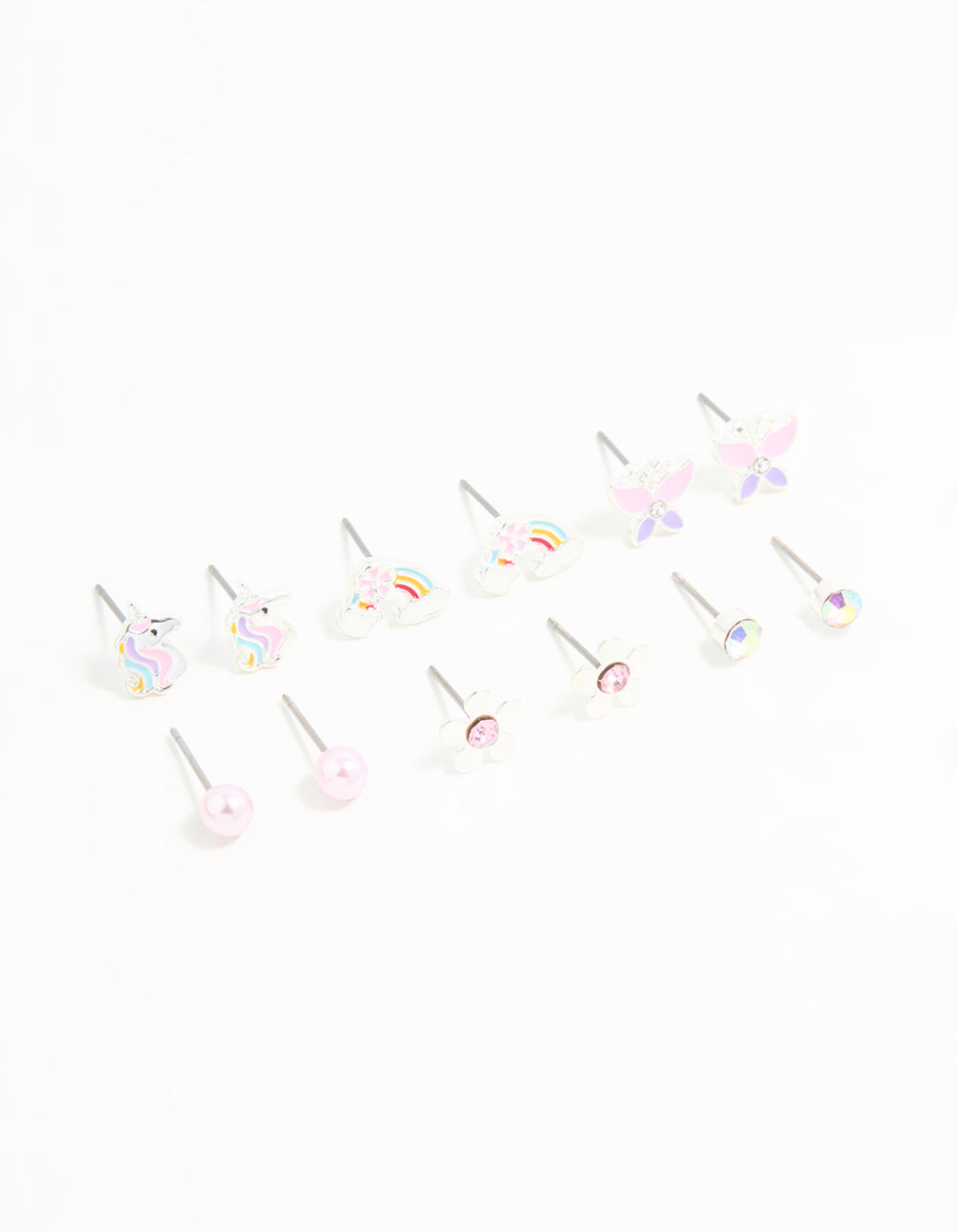 Kids Silver Unicorn & Butterfly Stud Earrings 6-Pack
