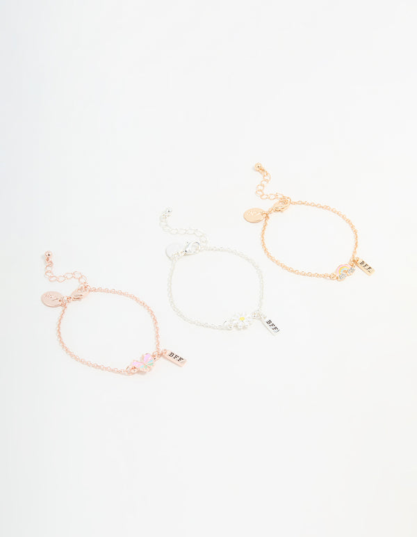 Kids Mixed Metal Flower & Butterfly Best Friends Bracelets 3-Pack