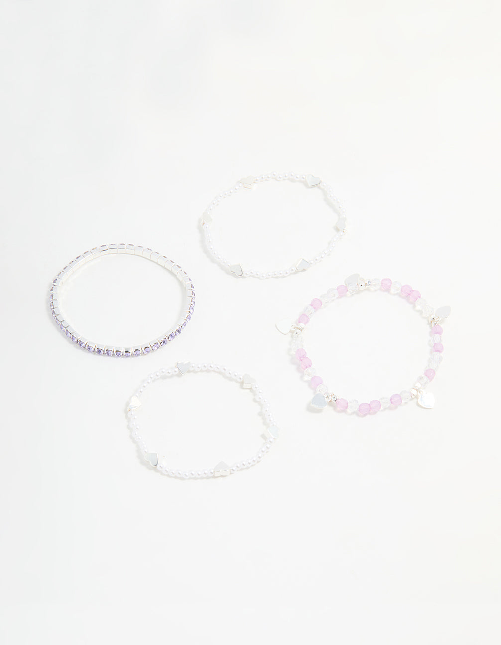 Kids Silver Heart Diamante Beaded Stretch Bracelets 4-Pack