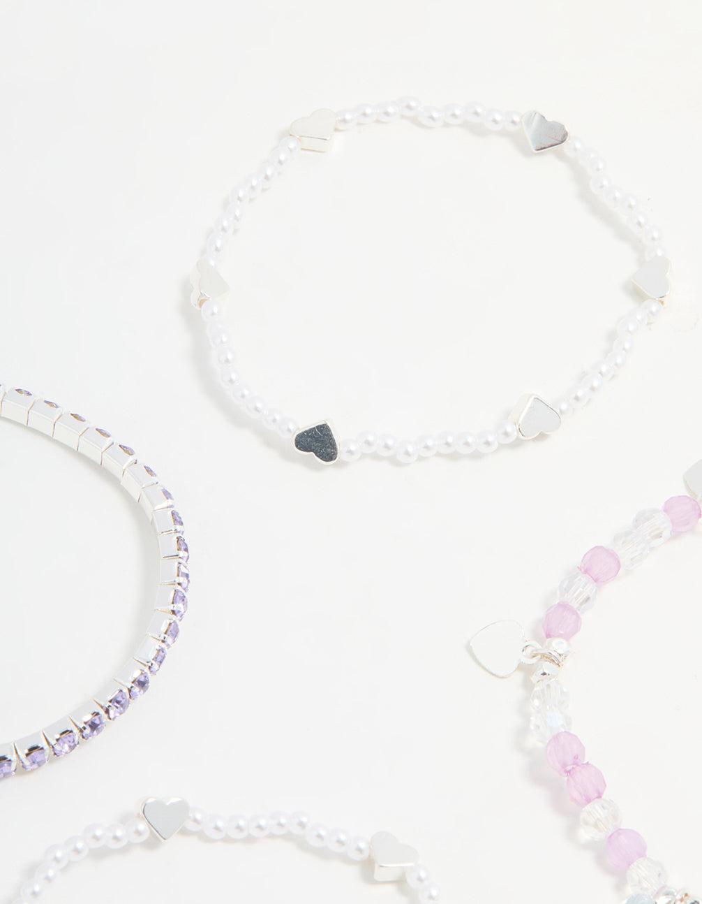 Kids Silver Heart Diamante Beaded Stretch Bracelets 4-Pack