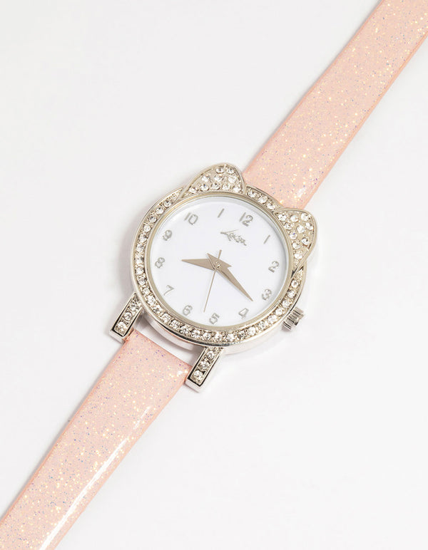 Kids PU Leather Diamante Cat Bezel Watch