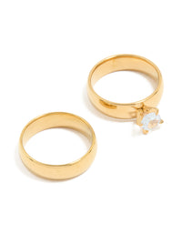 Waterproof Gold Plated Stainless Steel Cubic Zirconia & Sleek Band Rings 2-Pack - link has visual effect only