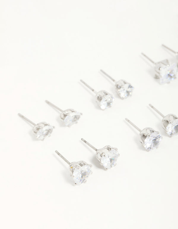 Silver Diamante Geometric Stud Earrings 6-Pack