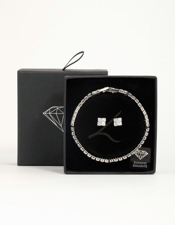 Silver Cubic Zirconia Flower Earrings &  Tennis Bracelet Set