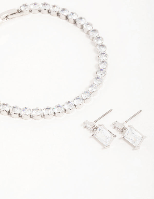 Silver Diamante Rectangle Drop Earrings & Tennis Bracelet Set