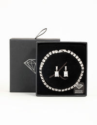 Silver Diamante Rectangle Drop Earrings & Tennis Bracelet Set - link has visual effect only