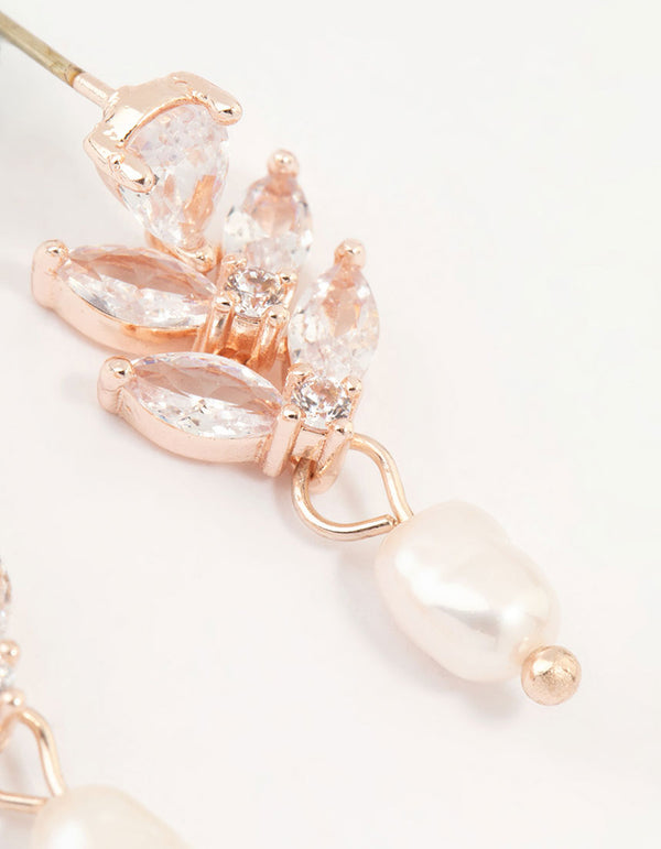 Rose Gold Plated Cubic Zirconia Freshwater Pearl Drop Earrings