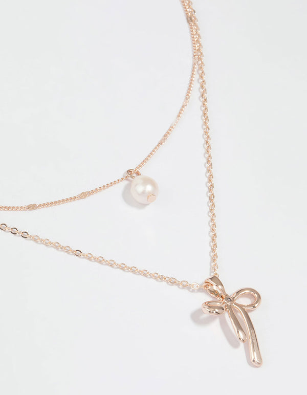 Rose Gold Plated Freshwater Pearl & Bow Layered Necklace