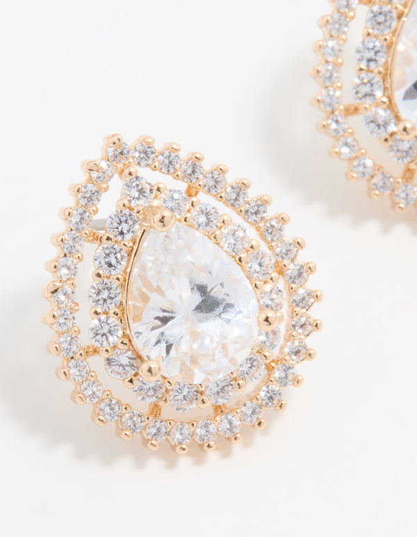 Gold Cubic Zirconia Sparkling Pear Stud Earrings