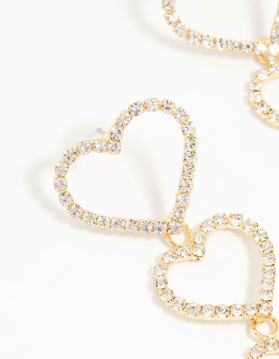 Gold Diamante Hearts Drop Earrings