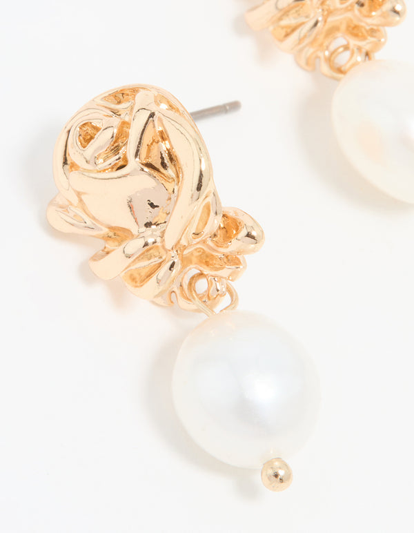 Gold Pearl Rose Drop Earrings