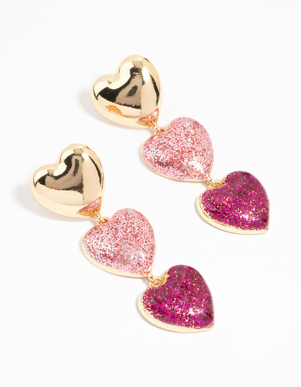 Gold Pink Glitter Heart Drop Earrings