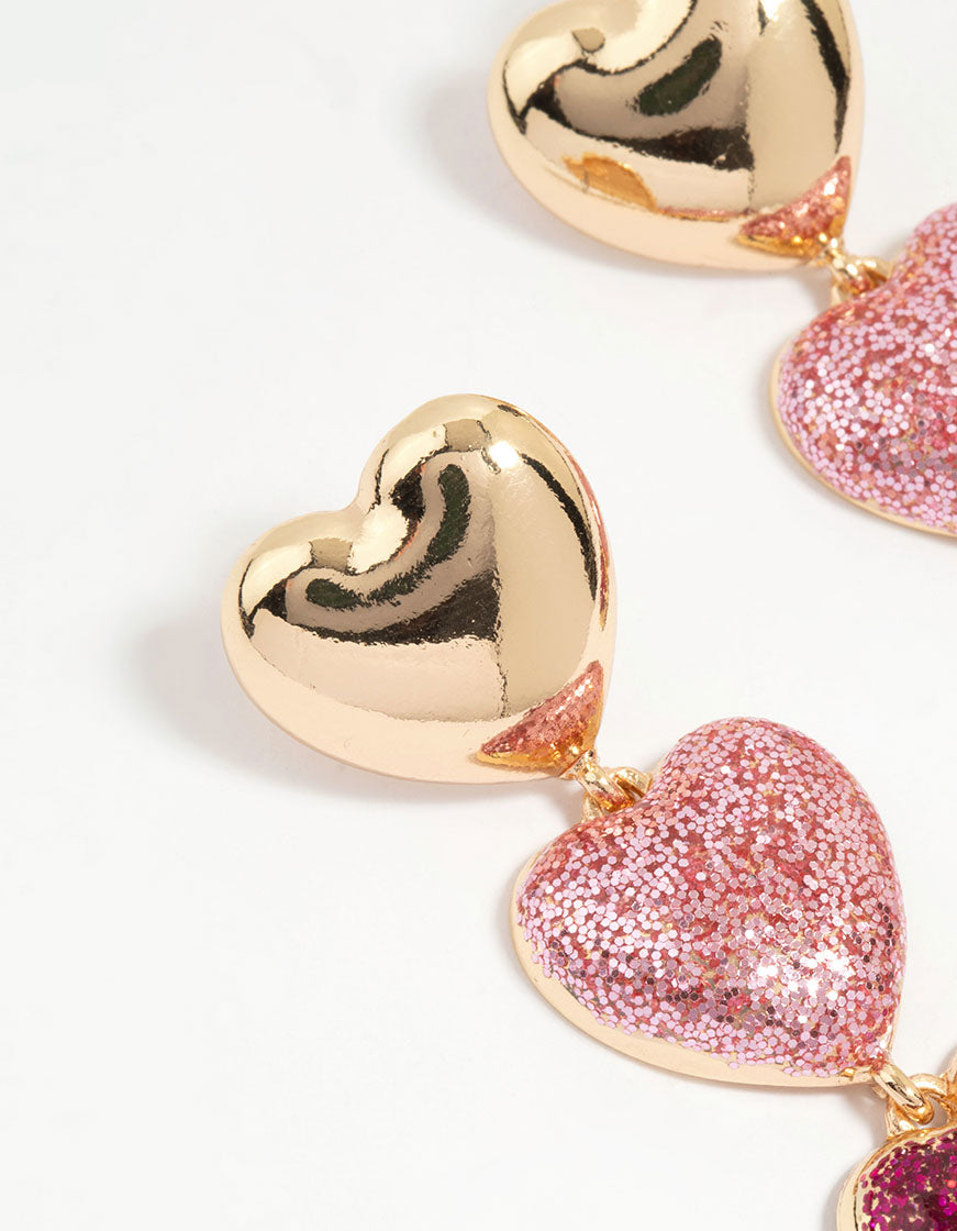 Gold Pink Glitter Heart Drop Earrings