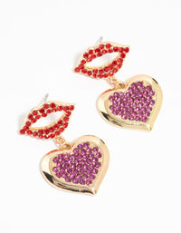 Gold Diamante Kiss & Heart Drop Earrings - link has visual effect only