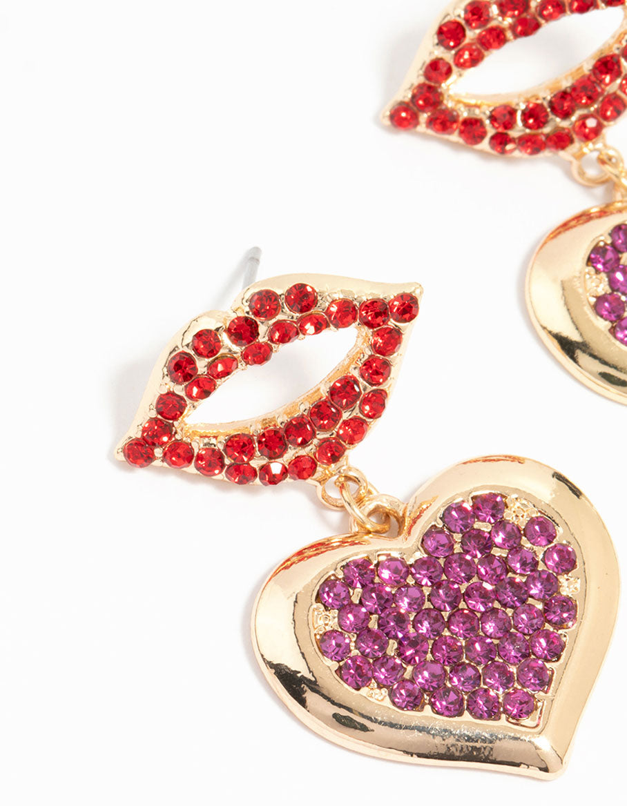 Gold Diamante Kiss & Heart Drop Earrings