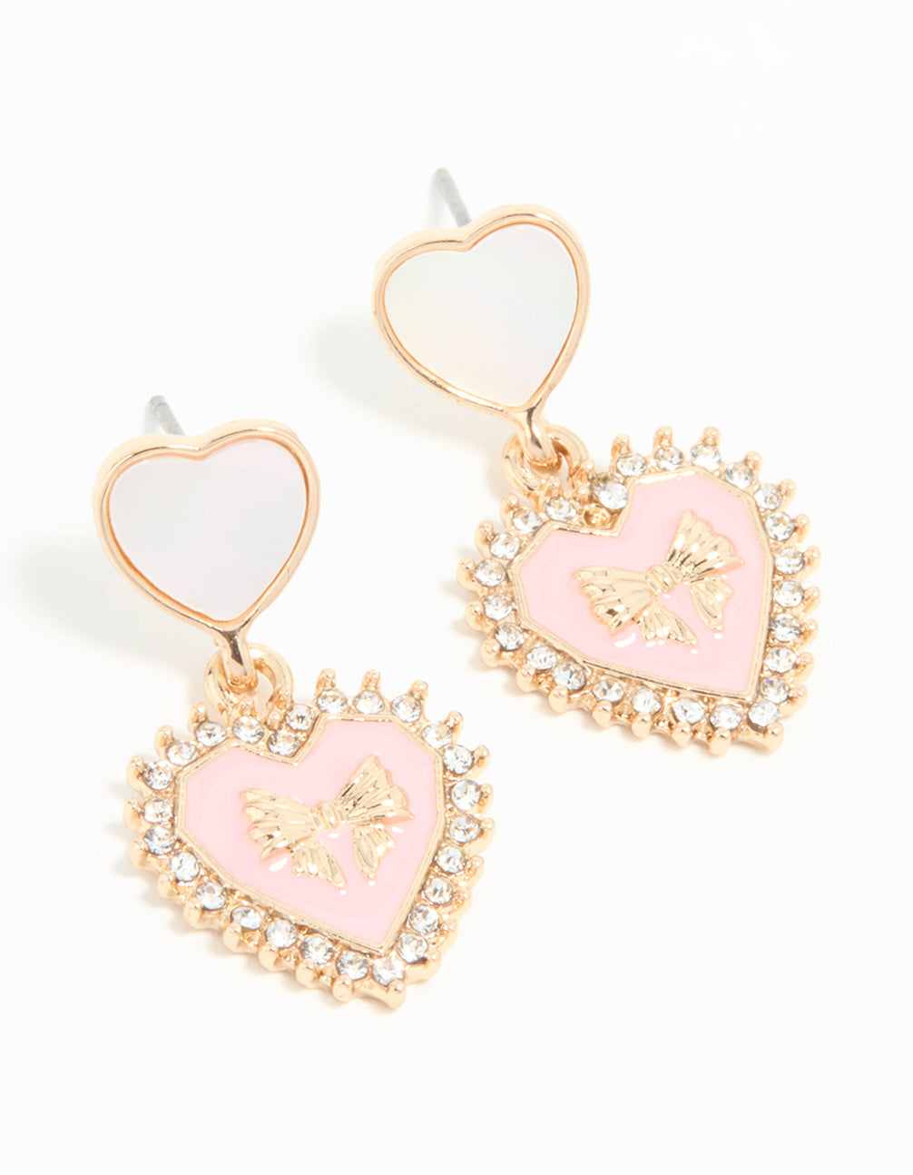 Gold Pink Heart Cushion Drop Earrings