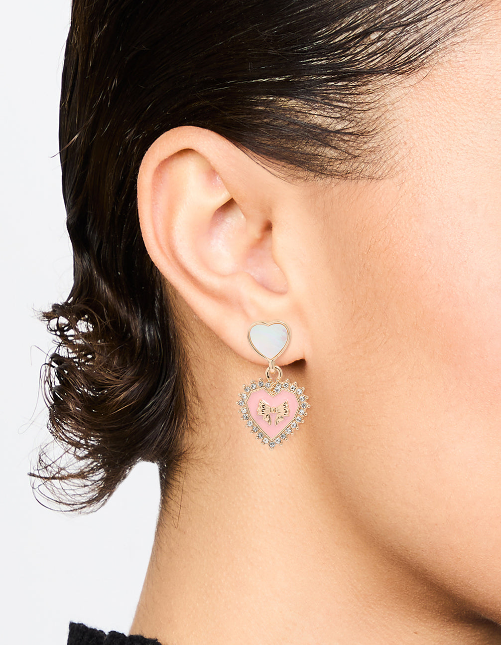 Gold Pink Heart Cushion Drop Earrings