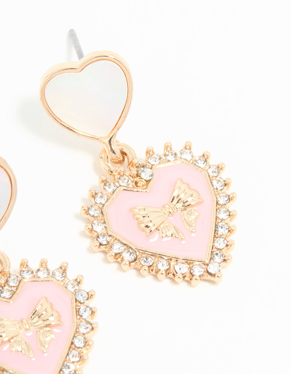 Gold Pink Heart Cushion Drop Earrings