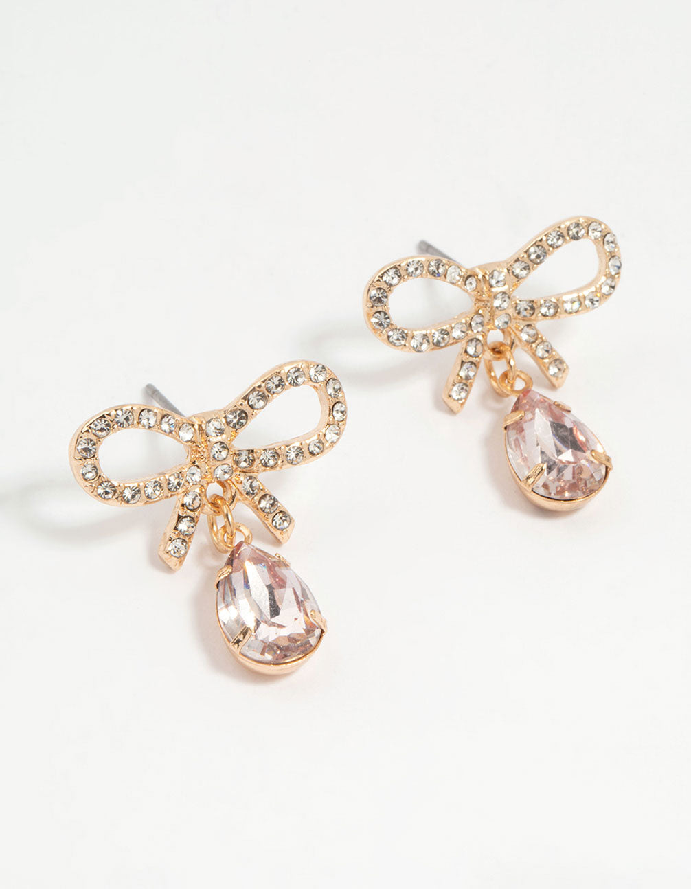 Gold Diamante Dainty Bow Drop Earrings