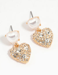 Gold Diamante & Pearl Heart Drop Earrings - link has visual effect only