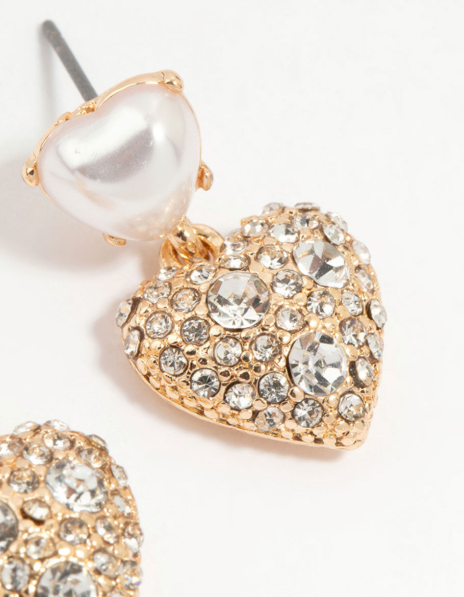 Gold Diamante & Pearl Heart Drop Earrings